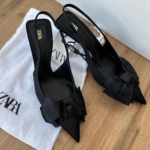 ZARA Black Bow Slingback Heels NWT – Embellished Pointed Toe Pumps, Size 7.5 - Picture 10 of 16